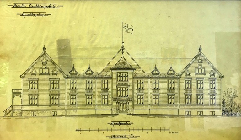 Tegning av skolebygningen som stod ferdig i 1901, og ble revet i løpet -50 tallet. 